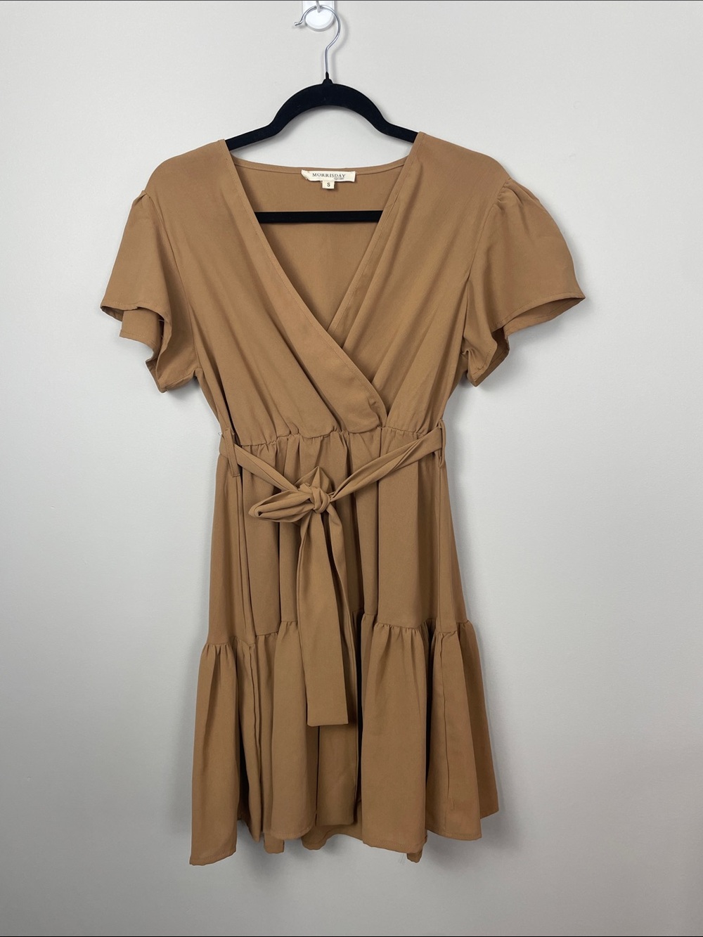 Tie-Waist Tiered Mini Dress in Camel